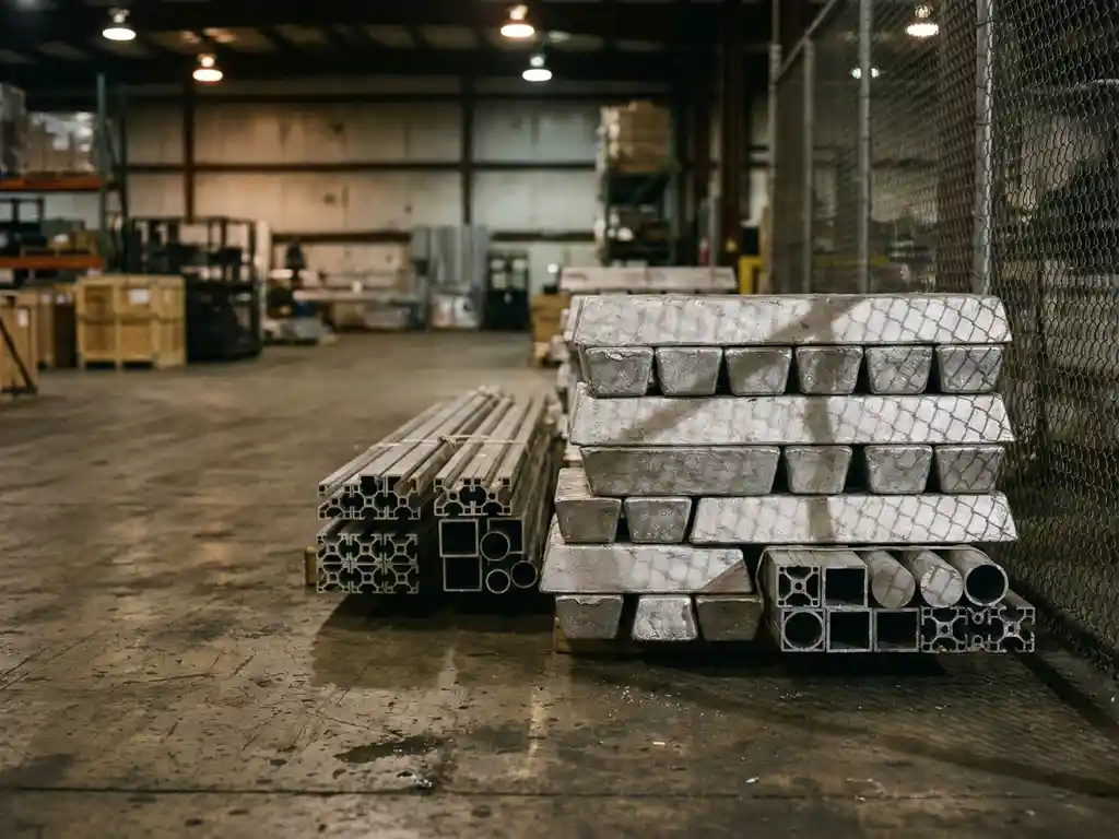 Rohe Aluminiumbarren und Strangpressprofile auf Lagerhallenböden mit Kettengitter-Schatten, kühle Silber- und Grautöne im Industrielicht.