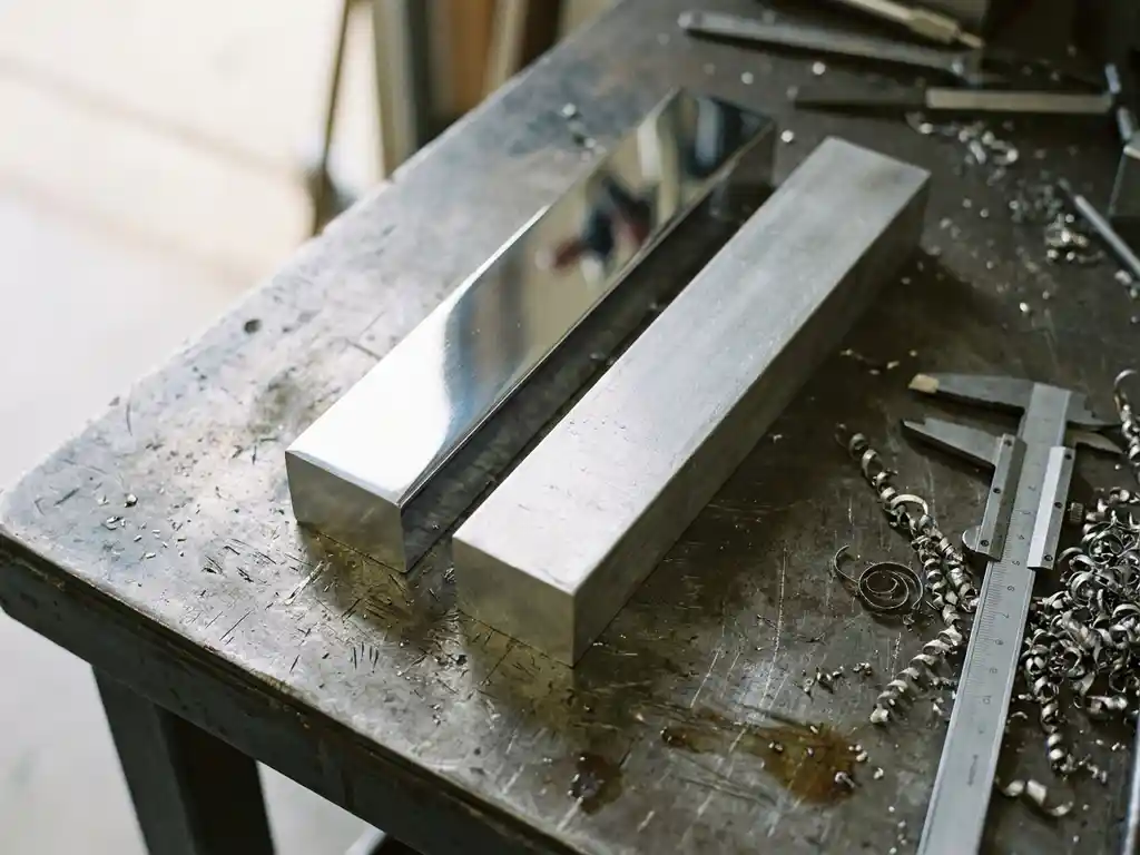 Zwei polierte Aluminiumstäbe auf Werkstahloberfläche – einer spiegelblank, einer matt-texturiert – mit Stahlmesschieber und Metallspänen daneben.