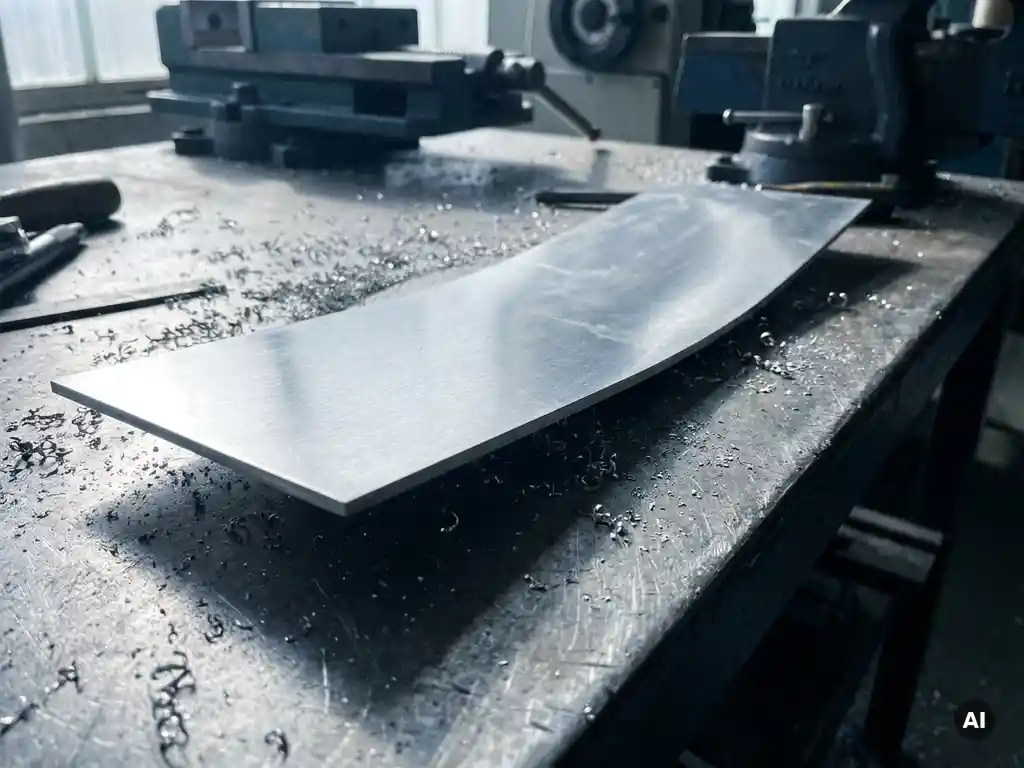 Frisch gefrästes Aluminiumblech mit leichter Verformung auf Stahlwerkbank, Metallspäne verstreut, industrielle Werkstattbeleuchtung.