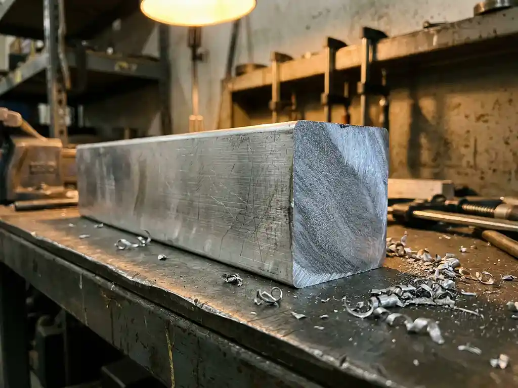 Aluminium-Legierungsbarren mit gefrästem Querschnitt auf Stahlwerkbank, umgeben von Spänen im Werkstattlicht.