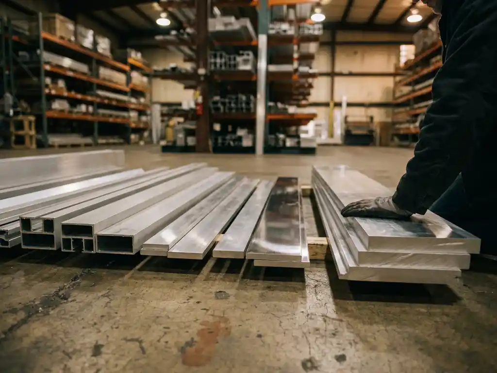 Aluminiumprofile und Flachstäbe verschiedener Legierungen auf Lagerboden, Hand eines Metallhändlers auf gestapelter Aluminiumplatte.