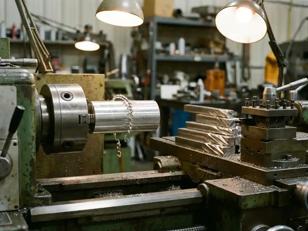 Aluminium-Drehteil in Drehmaschine neben gefrästem Stahlrundstahl mit Spiralspuren auf gusseisernem Maschinentisch mit Metallspänen.