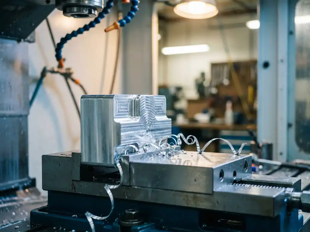 Aluminium-Fräsblock im CNC-Maschinenschraubstock mit glänzenden Spänen auf bearbeiteter Metalloberfläche.