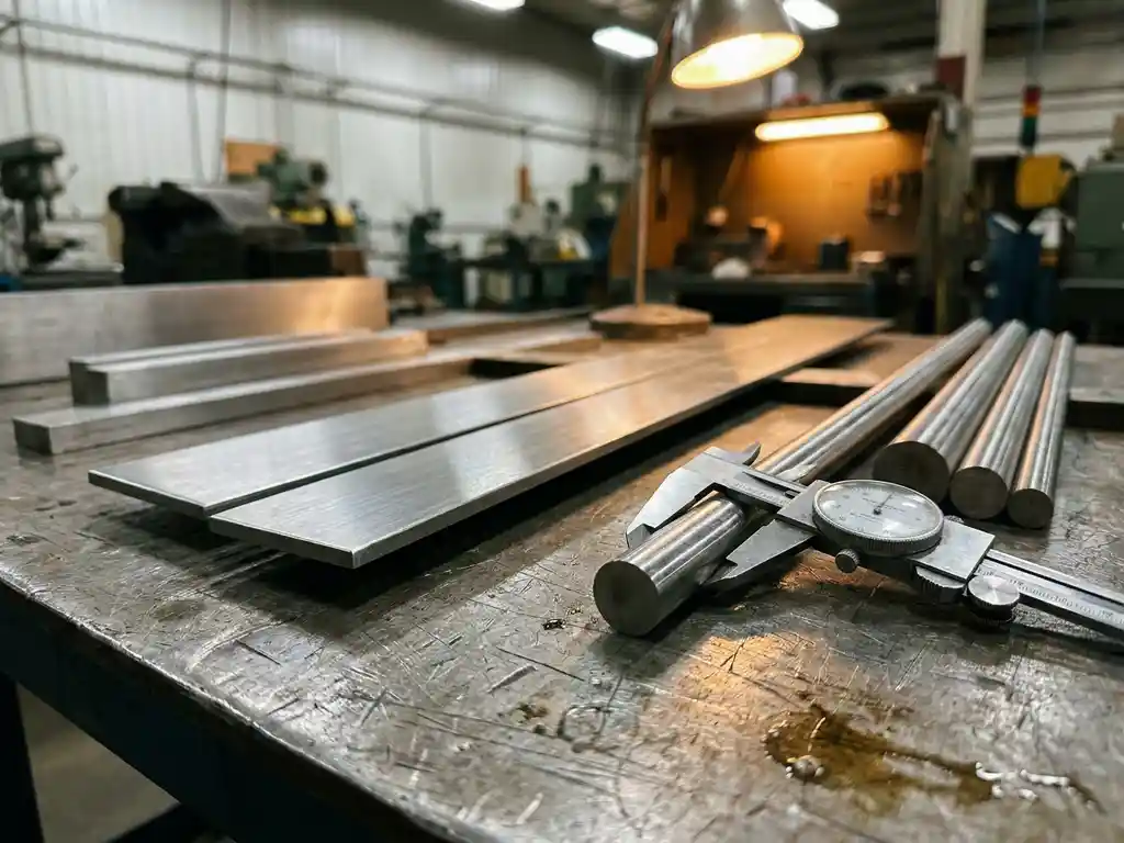 Polierter Edelstahl-Flachstahl und Rundstab auf Werkstattoberfläche mit Messschieber für präzise Maßkontrolle.