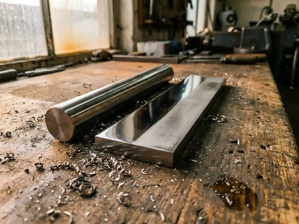 Gehärtete Edelstahlstange mit Spiegelglanz neben matter Flachstange auf gealterter Werkbank, Metallspäne im Streulicht.