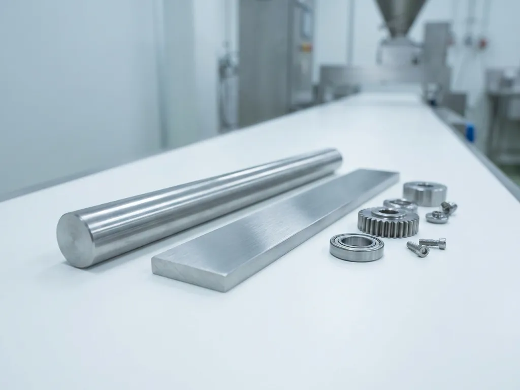 Rostfreier Stahlstab und Flachstahl auf weißer Lebensmittelverarbeitungsfläche mit gebürsteter Metalltextur im Nahaufnahme.