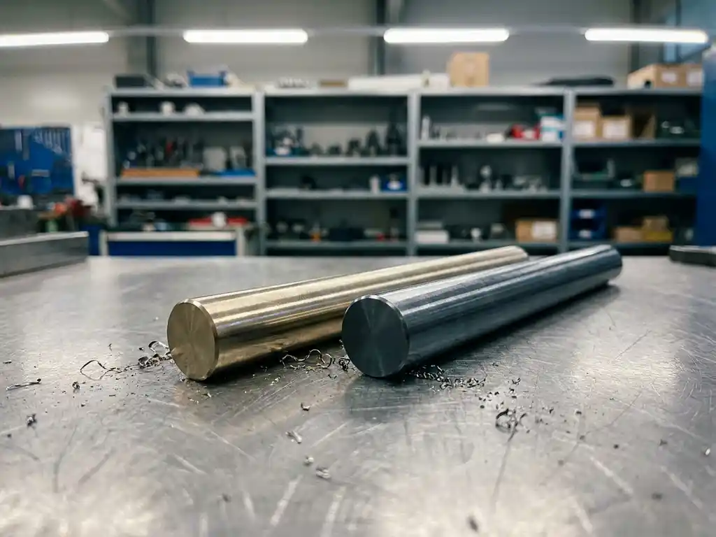 Zwei polierte Edelstahlstäbe auf Metallwerkbank, einer wärmer silbern, einer kühler grau, mit Metallspänen daneben.
