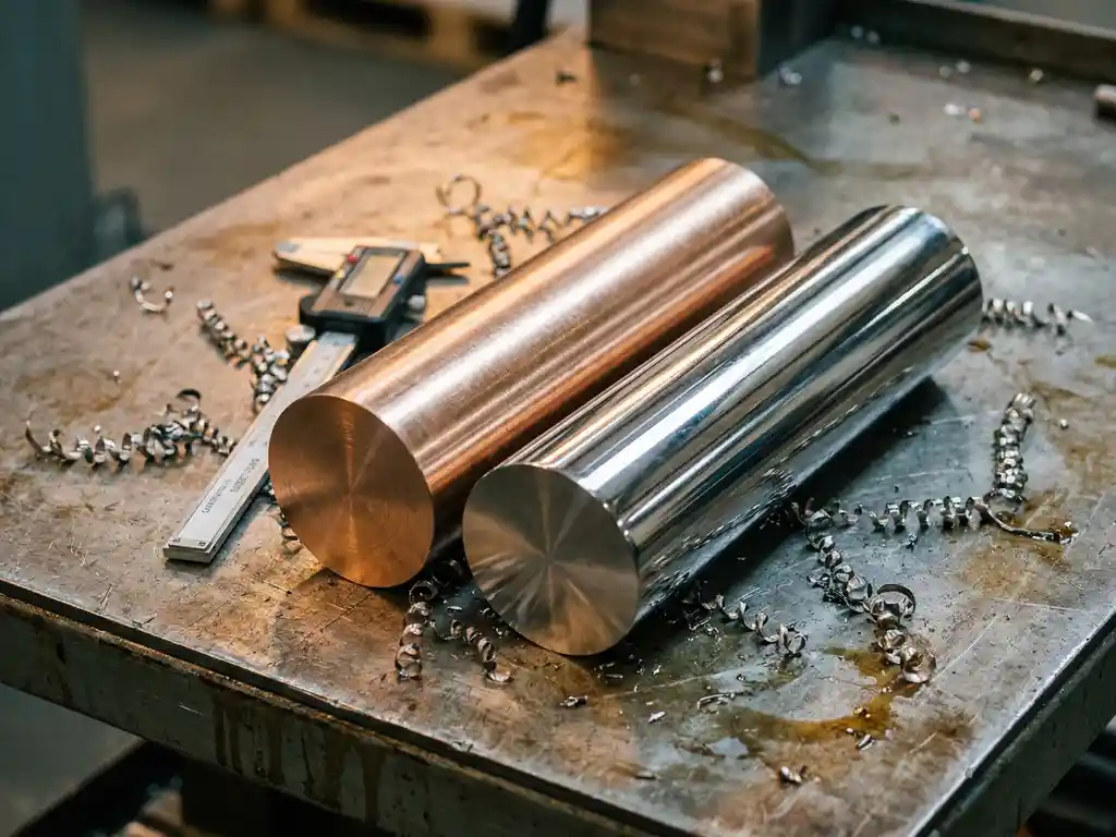Zwei polierte Edelstahlstäbe auf Werkbank, einer mit warmem Finish, einer spiegelblank, Messschieber angelehnt, Metallspäne verstreut.