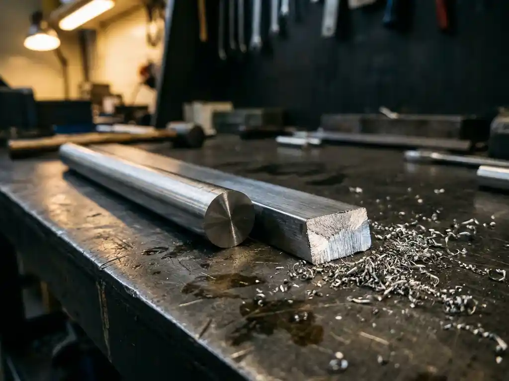 Polierter V2A-Edelstahlstab und Flachstahl auf dunkler Werkstattoberfläche, frischer Querschnitt zeigt Kornstruktur, Metallspäne daneben.