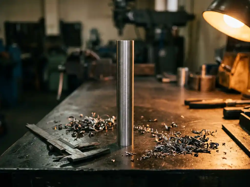 Polierter V4A-Edelstahlstab auf Werkbank mit Metallspänen und Industrieschieblehre im Werkstattlicht.