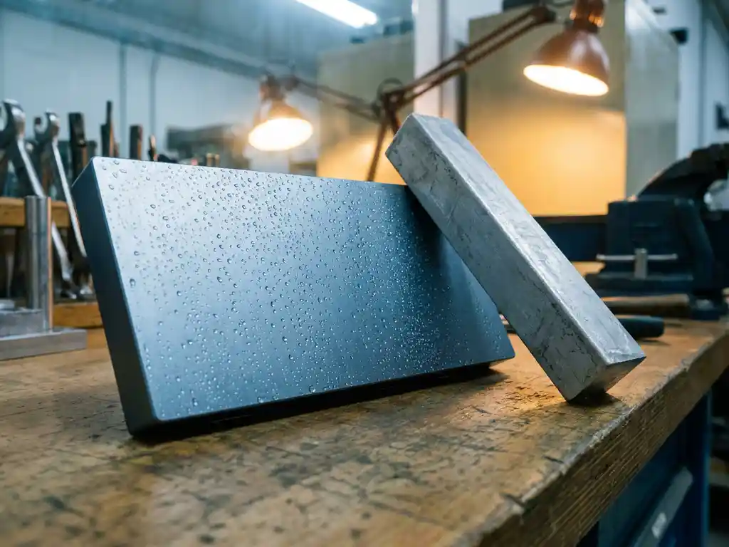 Frisch eloxierte Aluminiumplatte mit silberblauer Oberfläche und Wassertropfen neben rohem Aluminiumstab auf Werkbank.