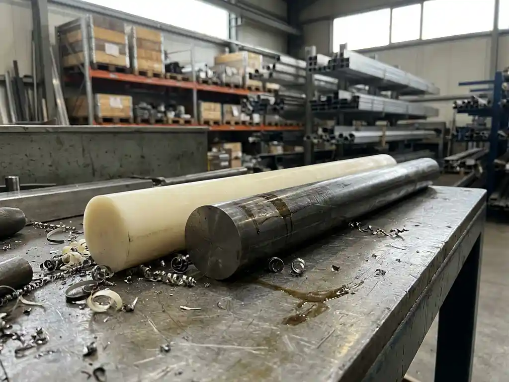 Kunststoffstab und Stahlstange nebeneinander auf einer Werkbank mit Metallspänen, Lagerregale im Hintergrund.