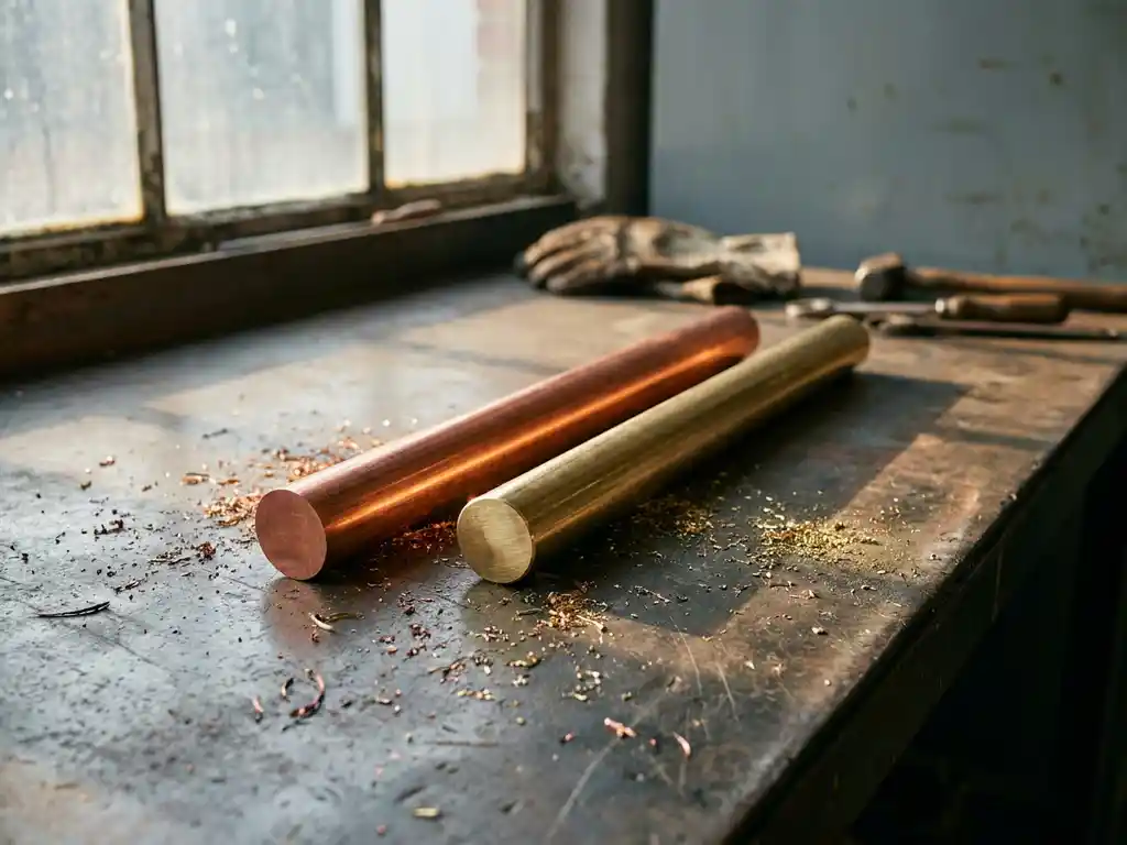 Polierte Kupfer- und Messingstäbe nebeneinander auf verwitterter Stahloberfläche, rotoranger Kupfer- und goldgelber Messingkontrast mit Metallspänen.