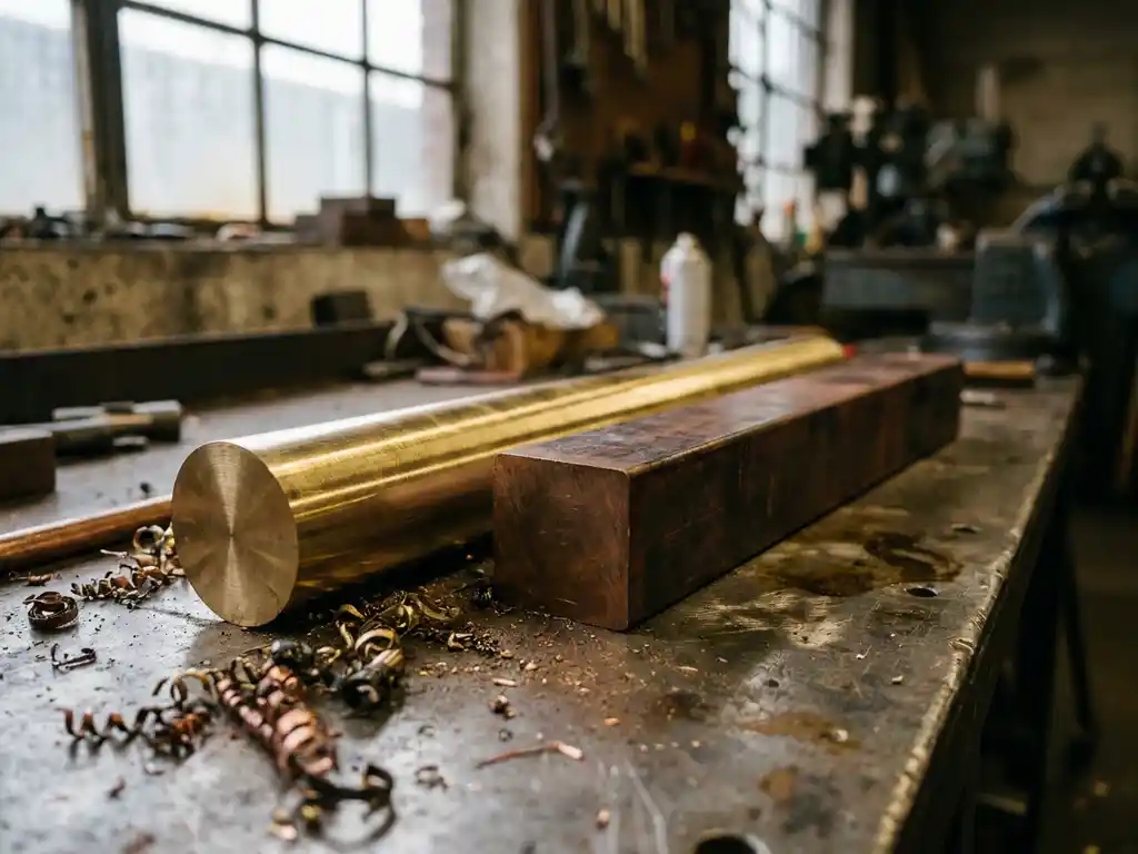 Polierte Messingsstange neben dunkler Bronzeleiste auf verwitterter Stahloberfläche, Metallspäne, warmes Industrielicht.