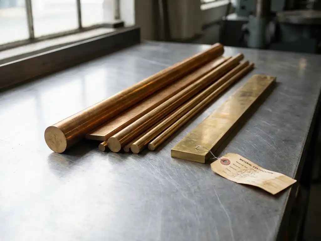 Polierte Messingstäbe und Flachstahl auf Industrieoberfläche, ein Stab mit Materialzertifikat, warmes Seitenlicht.