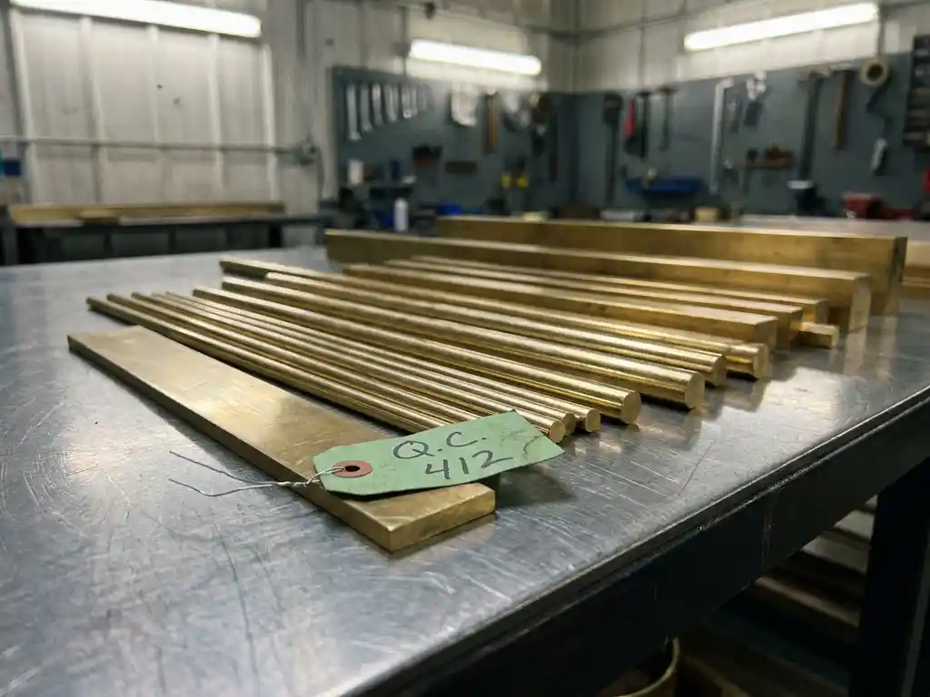 Messingrohre und Flachstäbe auf Stahloberfläche, ein Stab mit grünem Qualitätsetikett, warme Goldtöne unter Industriebeleuchtung.