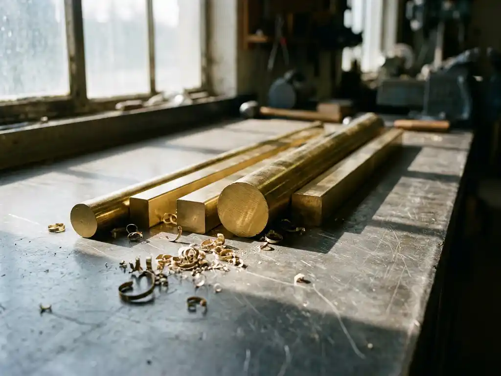 Polierte Messingstäbe und -stangen auf Stahloberfläche, einer im Querschnitt mit goldenem Kern, Metallspäne daneben.