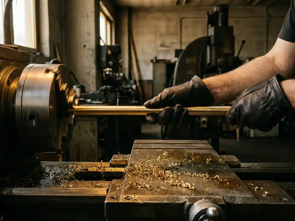 Behandschuhte Hände eines Schlossers führen einen Messingstab in eine Präzisionsdrehmaschine, goldene Metallspäne auf Stahltisch.