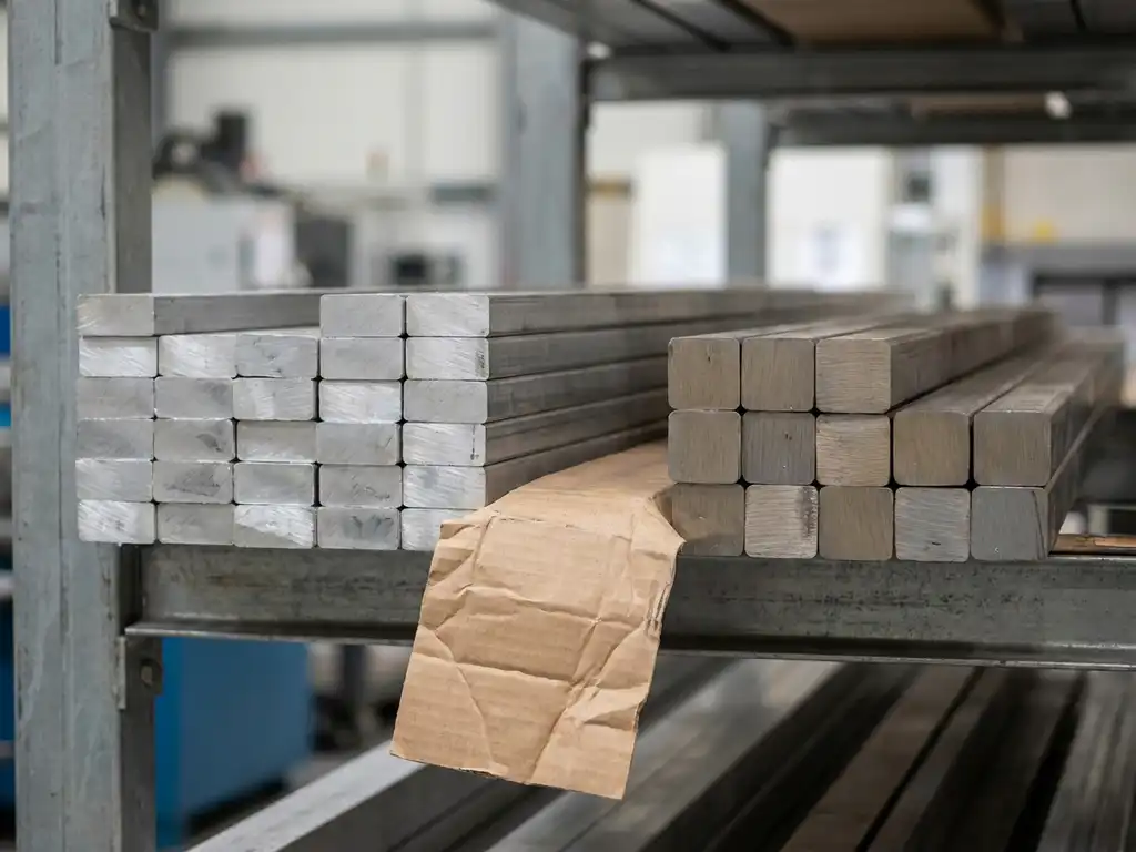 Gestapelte Aluminium- und Stahlstangen im Lagerregal mit recycelter Kartonverpackung im Vordergrund.
