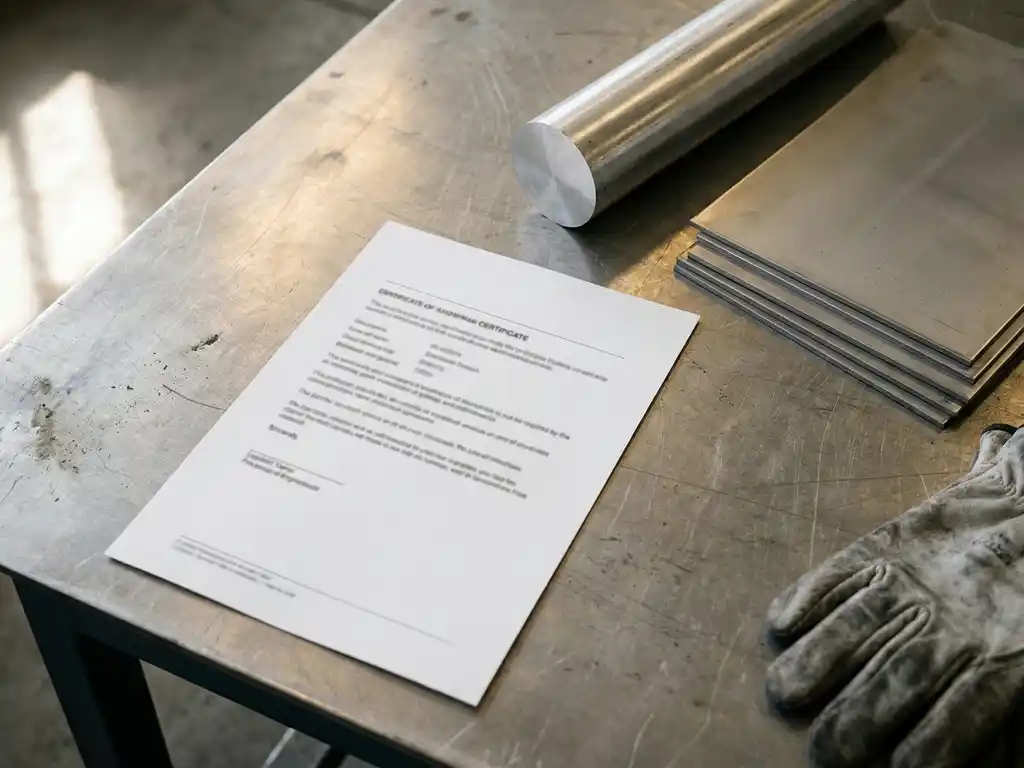 Metallprüfzeugnis auf weißem Papier neben Aluminiumstange und präzise geschnittenen Metallblechen auf gebürstetem Edelstahl.