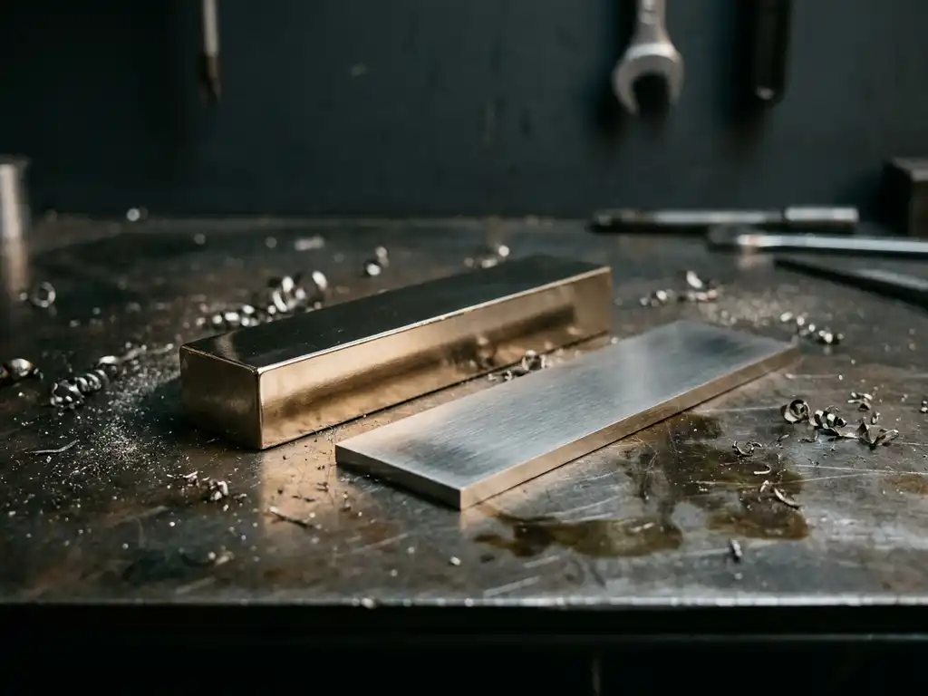 Polierter Nickellegierungsbarren und gebürsteter Edelstahlflachstab auf Werkstattoberfläche mit Metallspänen, industrielle Seitenbeleuchtung.