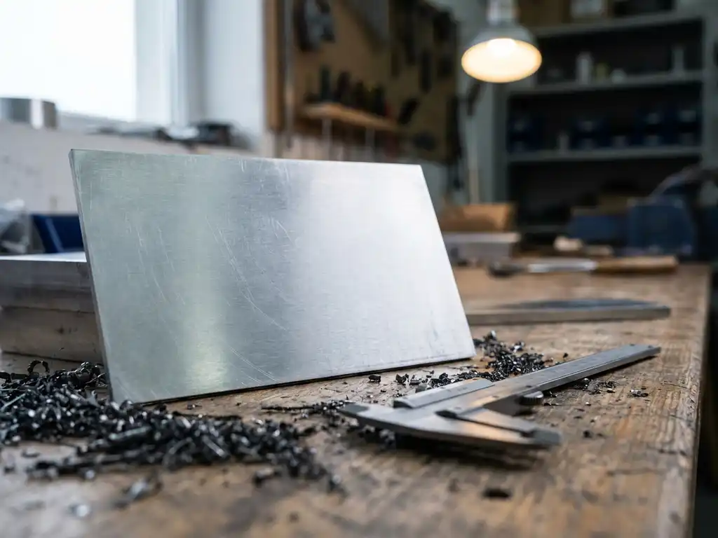 Polierte Aluminiumplatte mit gebürsteter Oberfläche auf Werkbank, daneben Metallspäne und Stahlmessschieber in Werkstattbeleuchtung.
