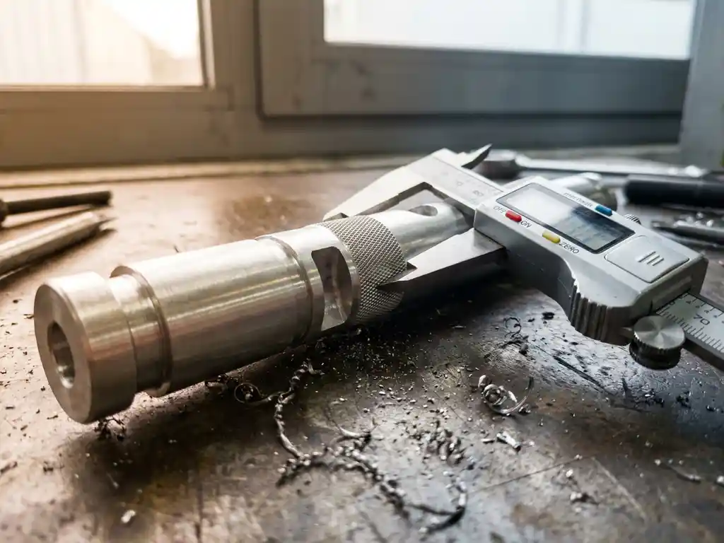 Präzisionsgefertigte Aluminiumwelle auf Werkstattoberfläche, Messschieber misst Durchmesser, Metallspäne verstreut daneben.