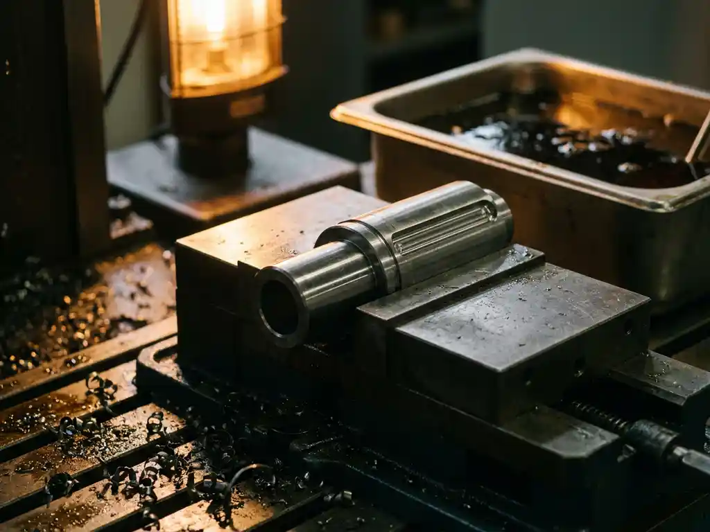 Präzisionsgefrästes Stahlwerkstück in Industrievorrichtung eingespannt, umgeben von Metallspänen auf dunkler Werkbank mit Öl-Abschreckbehälter im Hintergrund.