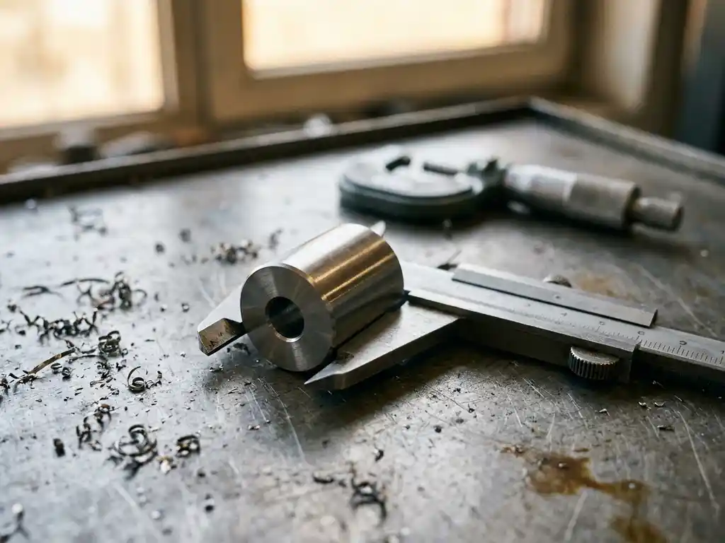 Präzisionsgefertigte Stahlwelle in Messschieber auf Werkbank, Metallspäne und Mikrometer im Hintergrund, Werkstattlicht.