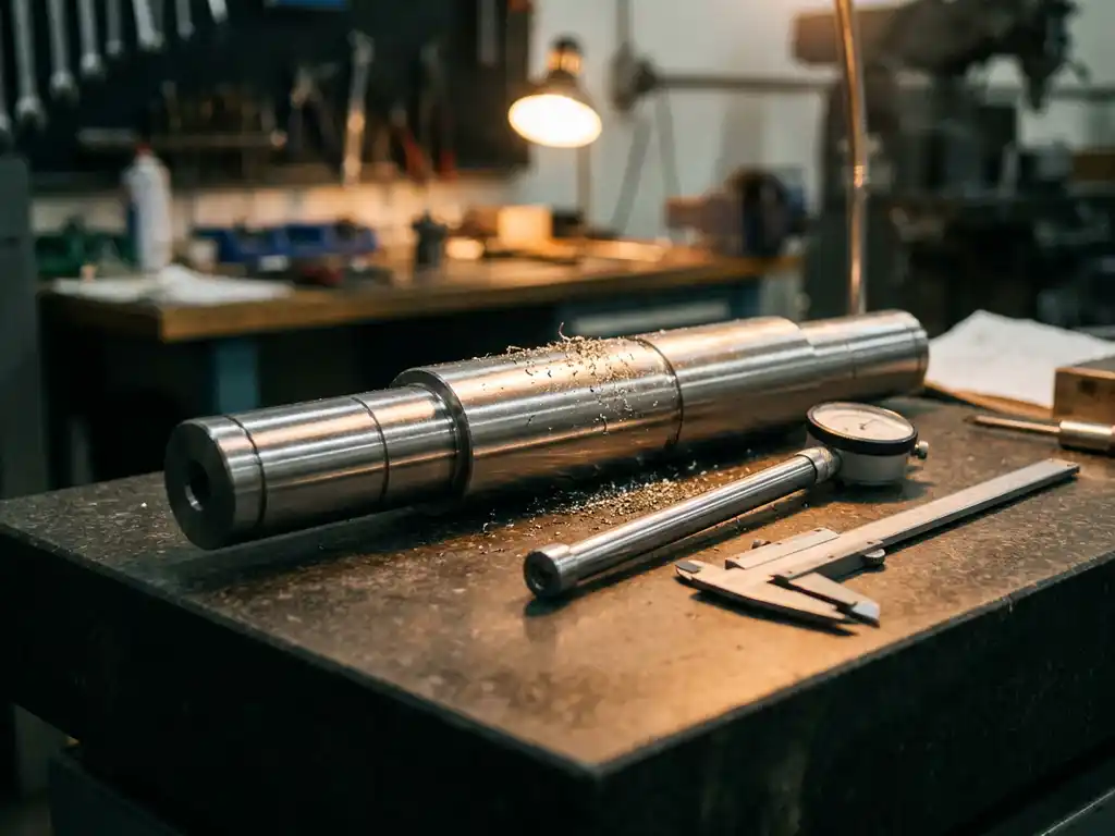 Präzisionsgefertigte Stahlwelle auf Granitrichtplatte mit Bohrungsmessgerät, Messschieber und Metallspänen im Werkstattlicht.