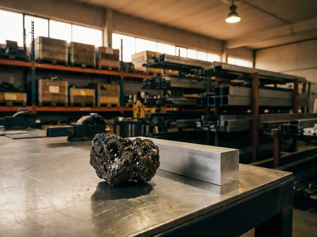 Roher Coltan-Erzbrocken neben einem präzise geschnittenen Aluminiumbarren auf Stahloberfläche, Lagerregale mit Metallvorräten im Hintergrund.