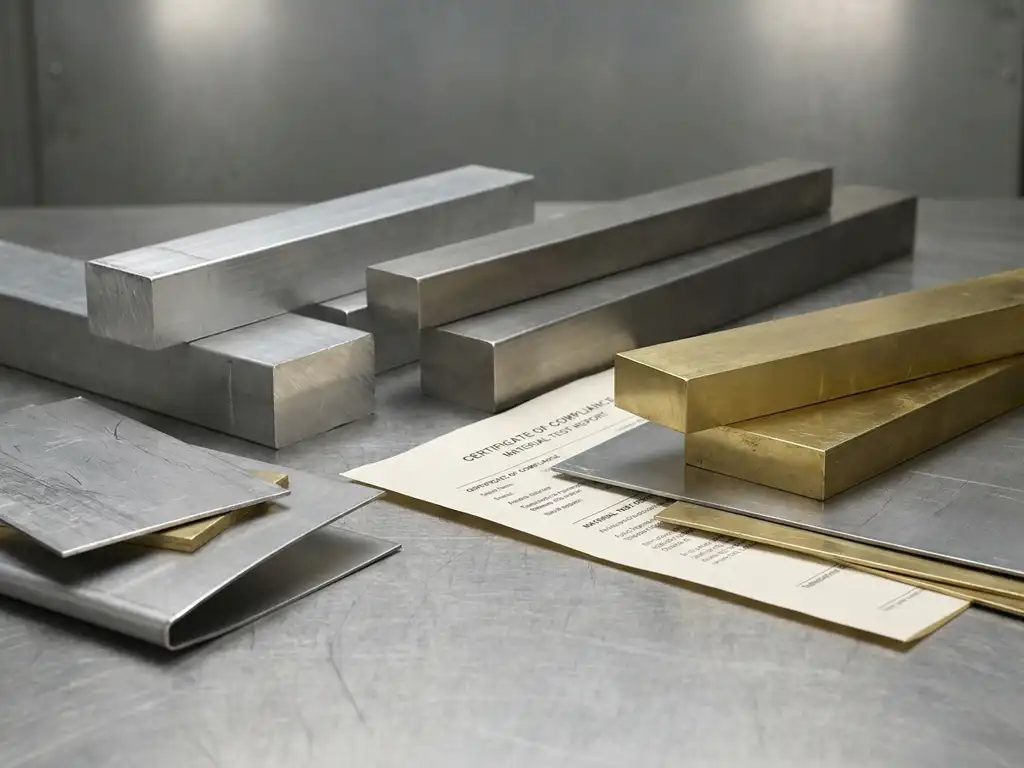 Aluminium-, Edelstahl- und Messingbarren auf Stahloberfläche mit teilweise sichtbarem Konformitätsdokument darunter.
