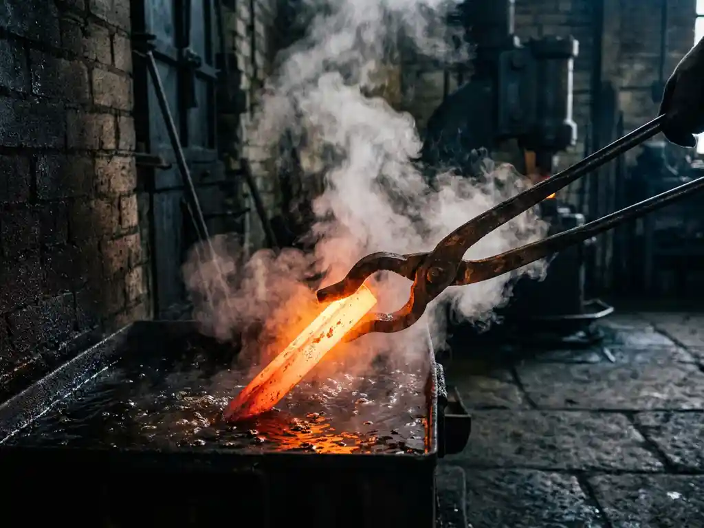 Rotglühender Stahlstab wird mit Zangen in dunkles Öl getaucht, Dampf steigt auf, industrielle Werkstatt mit Backsteinwänden.