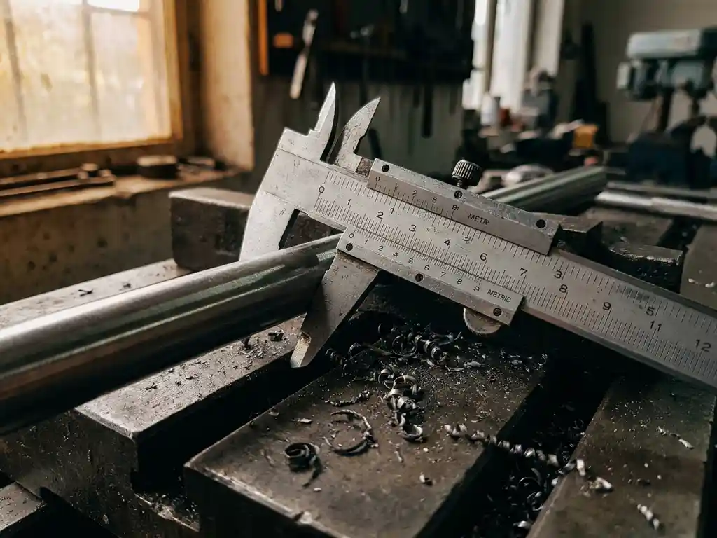 Abgenutzter Messschieber mit imperiale und metrische Skala misst einen Metallstab, Stahlspäne auf schwerer Eisenwerkbank.