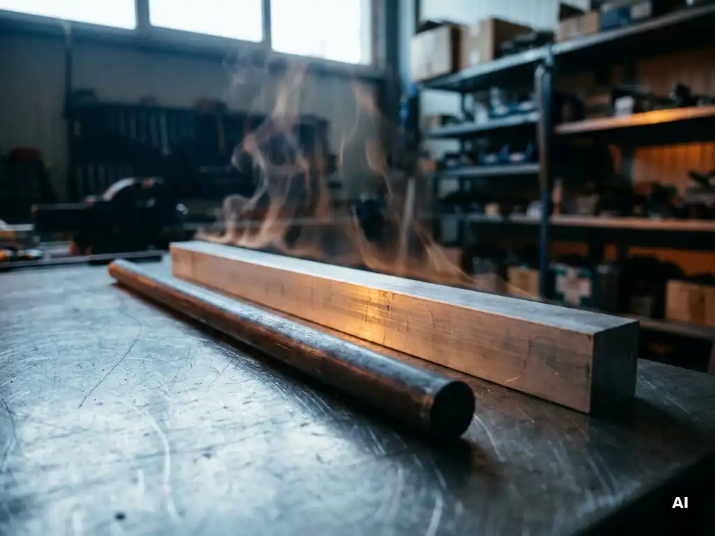 Stahlstab und längere Aluminiumstange nebeneinander auf Werkstattoberfläche, Wärmeschimmer über Metall, flache Schärfentiefe.