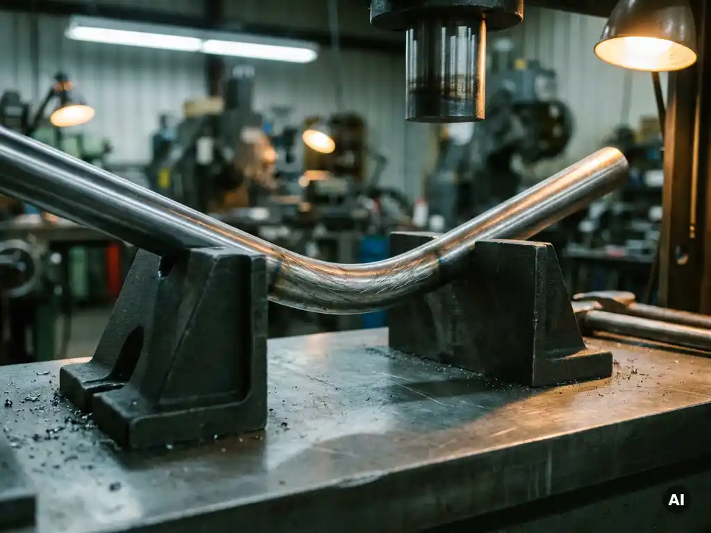 Polierter Stahlstab wird unter Industriepressbacken gebogen, Kaltverfestigungsmarkierungen auf metallisch glänzender Oberfläche sichtbar.