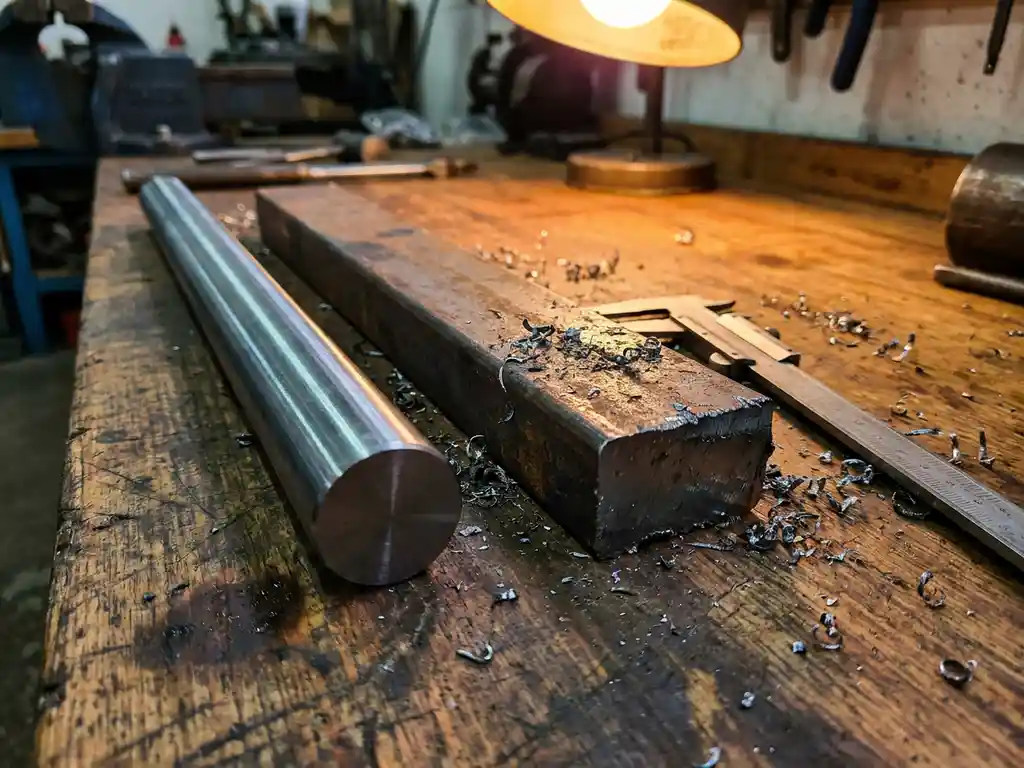 Präzisionswelle und Strukturstahlflachstab auf Werkbank, Stahlmessschieber angelegt, Metallspäne verstreut.