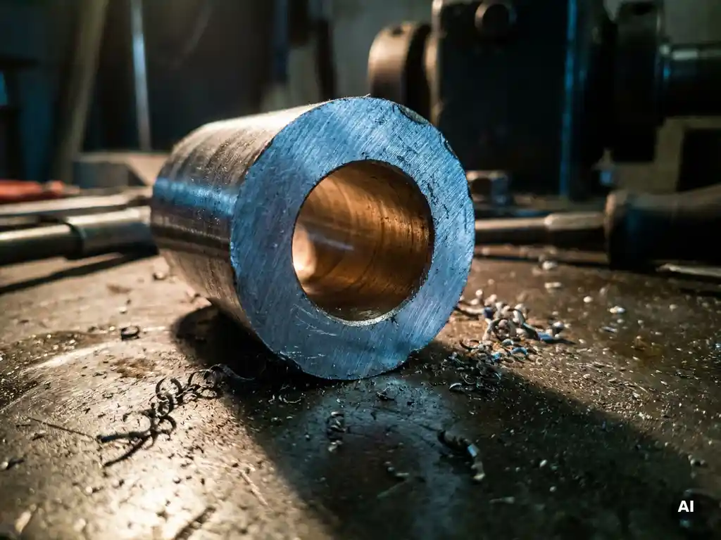 Querschnitt einer einsatzgehärteten Stahlwelle auf dunkler Werkbank, mit blau-grauer Randschicht und warmem Stahlkern, Metallspäne im Vordergrund.