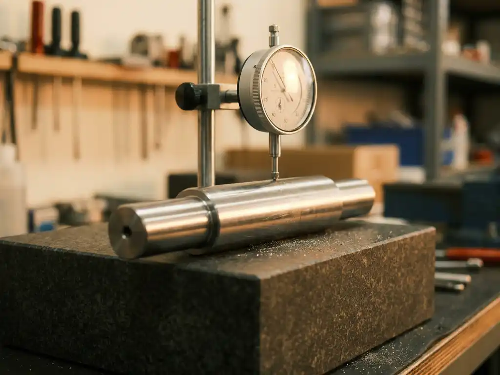 Präzisionsgefertigte Stahlwelle auf Granitmessplatte mit kalibrierter Messuhr bei der Qualitätskontrolle, Metallspäne im Hintergrund.
