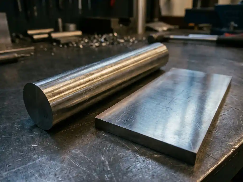 Polierter Titan Grade 5 Rundstab und Flachplatte auf gebürstetem Stahluntergrund mit charakteristischer metallischer Oberflächenstruktur.