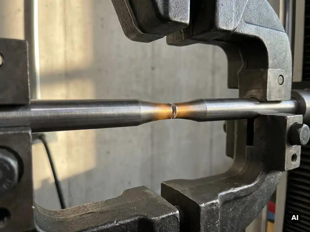 Metallstab wird in Zugprüfmaschine gedehnt, sichtbare Einschnürung in der Mitte kurz vor dem Bruch, Werkstattumgebung.